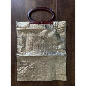 Vintage Lady's Pride Gold Metallic Faux Croc Clutch Tote Purse Lucite Handle